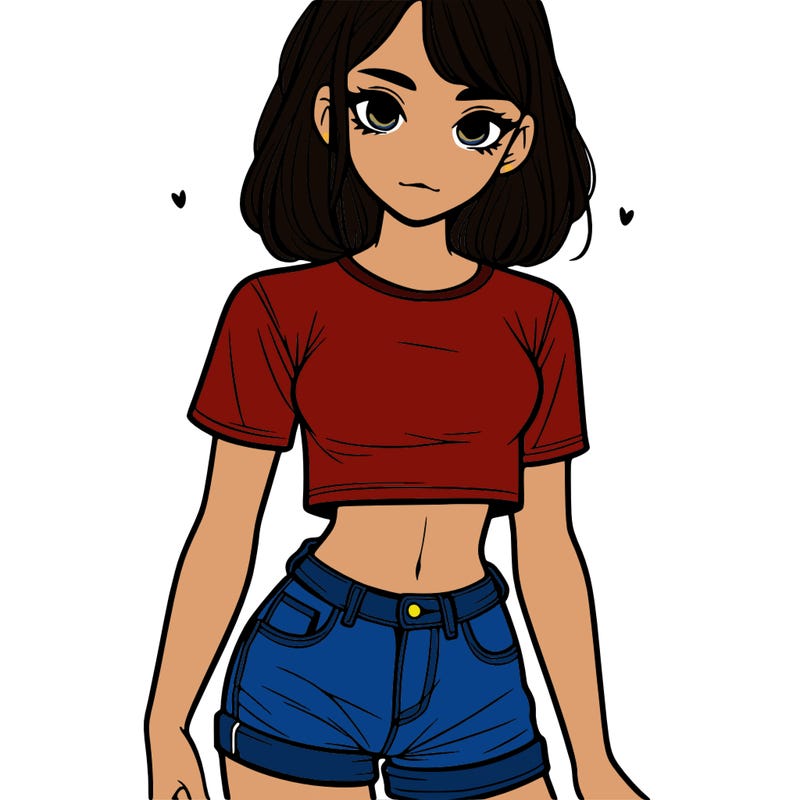 a girl with jean shorts and a crop shirt with freckles and a slim waist