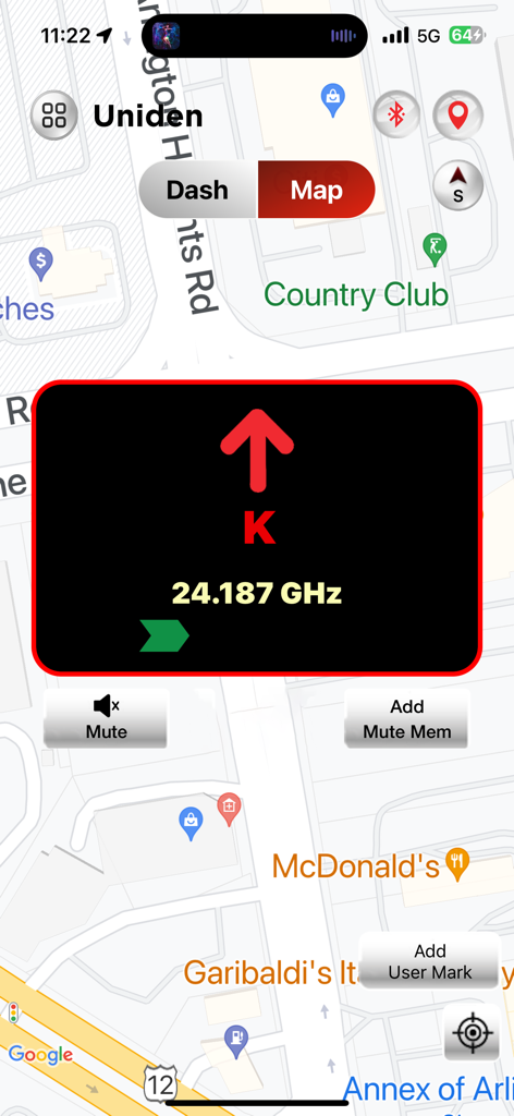 Uniden R/TACH - Uniden R/TACH app interface showing a K-band radar alert over a navigation map