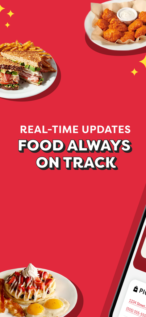 Denny's app promotional screen for real time food order tracking with pictures of a sandwich pancakes and wings