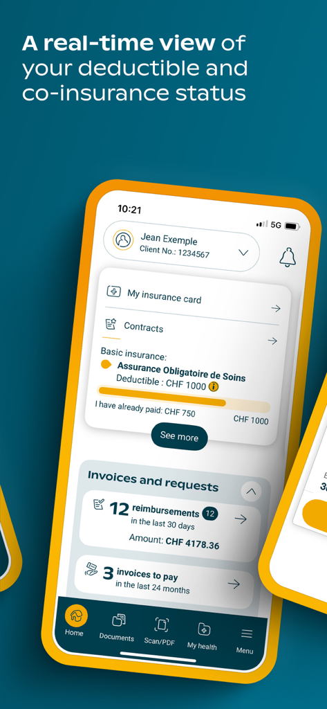 Dashboard der Groupe Mutuel App mit Echtzeit-Status der Versicherungsfranchise und Rückerstattungsübersicht