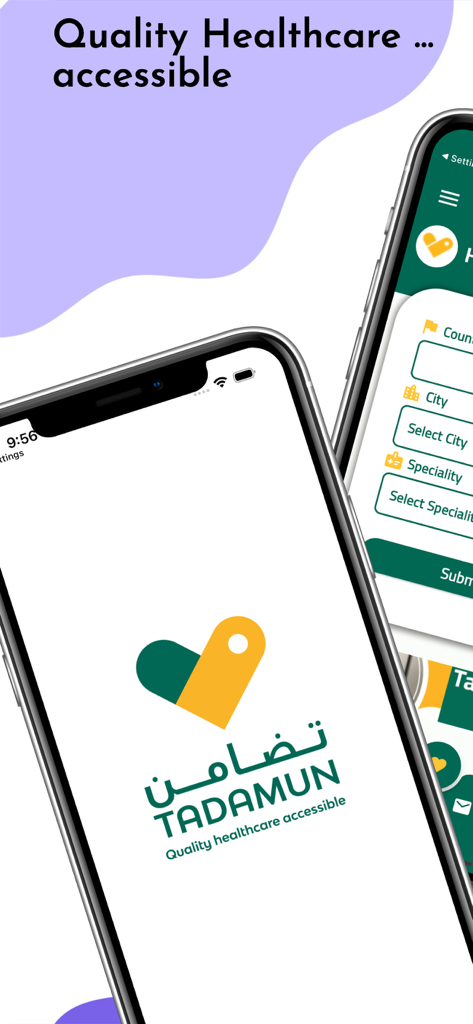 Schermata di avvio dell'app Tadamun e interfaccia di ricerca specialisti
