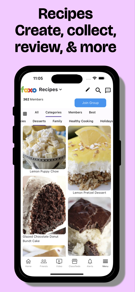 Faxo: Everything App - The Faxo app interface showing a recipe community with visual boards for dessert categories and food photos.
