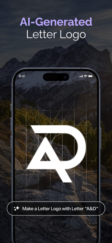 AI Logo Maker: Graphic Designs - iPhone screen displaying an AI-generated letter logo for the letters A and D over a mountain background