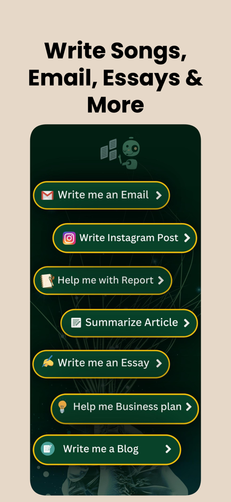 AI Chatbot: SmartAI Assistant - AI Chatbot interface showing writing options for emails essays and social media posts