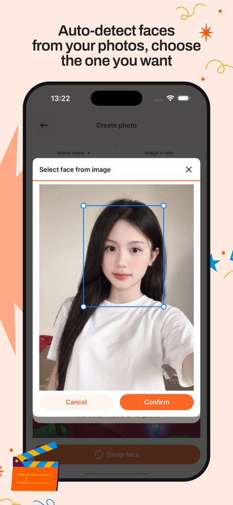 Woodfix : Movie & TV Shows - Woodfix app showing AI face detection feature for swapping faces in movie scenes