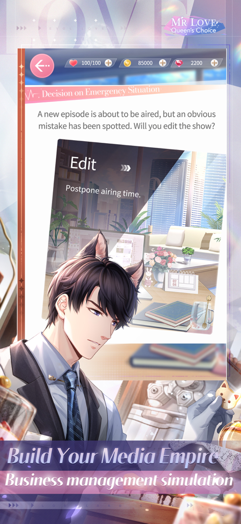 Mr Love: Queen's Choice - Gameplay screenshot of Mr Love Queen's Choice showing a business management decision and an anime male character