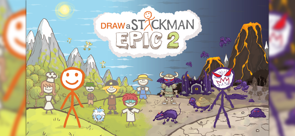 Draw a Stickman: EPIC 2 - Draw a Stickman EPIC 2의 홍보 배너로, 친근한 캐릭터가 있는 화창한 녹색 풍경과 괴물이 있는 어두운 화산 세계의 대조를 보여줍니다.