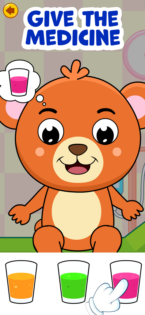 Doctor Games for Kids: Dentist - Pantalla de juego educativo que muestra un oso de dibujos animados pidiendo medicina rosa con tres opciones de color en la parte inferior.