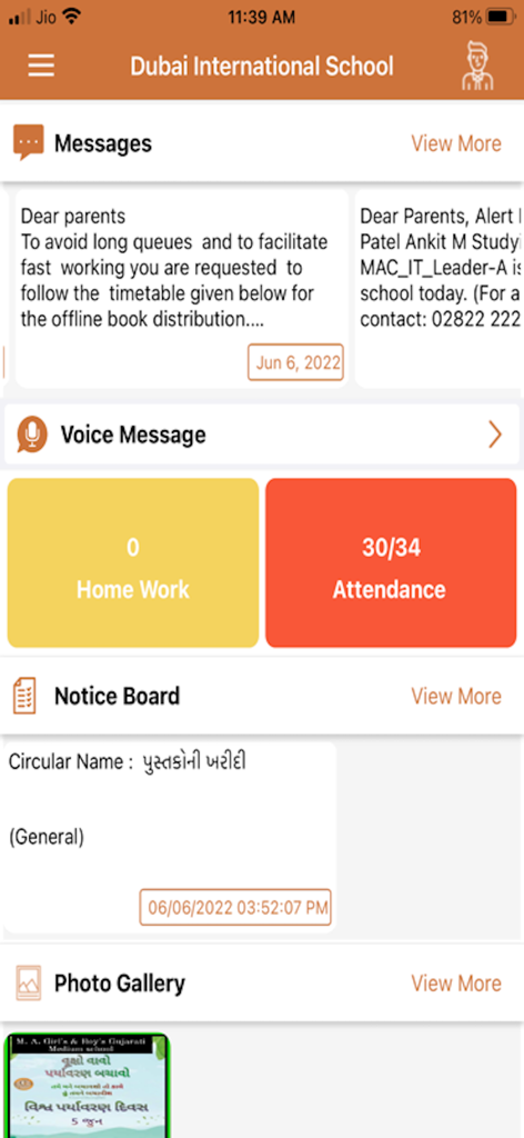 Ansicht des Eltern-Dashboards von My School Apps mit Schulnachrichten und Anwesenheitsdaten des Schülers