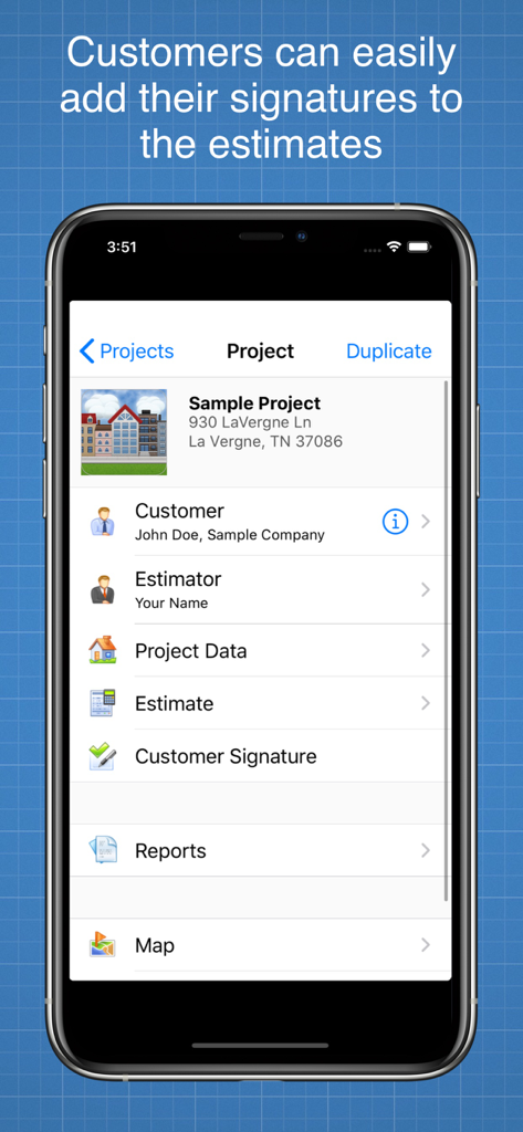 Construction Cost Estimator - Interface of the Construction Cost Estimator app showing project information and the customer signature feature