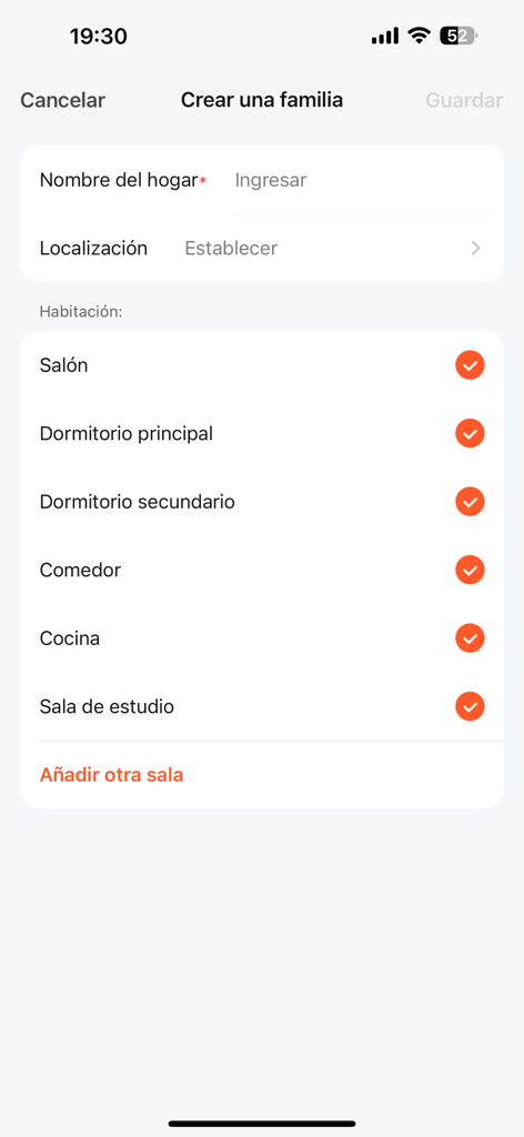 Ozom Smart Home - Ozom Smart Home app screen for setting up a home profile and selecting rooms like the living room and kitchen