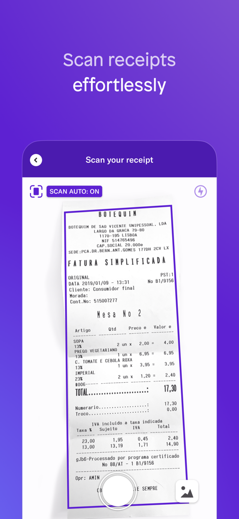 Oberfläche der Spendesk-Mobil-App, auf der ein Beleg für die automatisierte Ausgabenerfassung gescannt wird