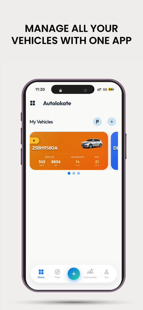IDG: Autolokate - Screenshot of Autolokate app dashboard showing vehicle management with service, insurance, and PUC tracking details