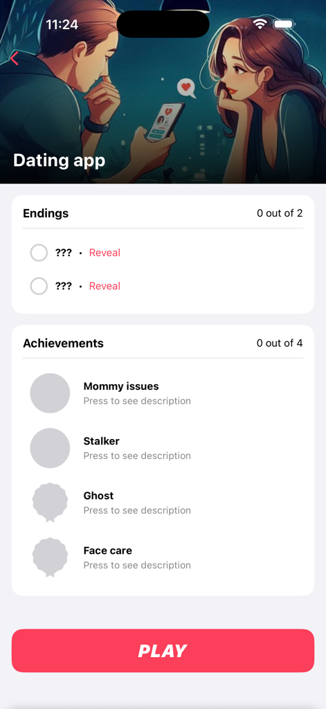 Interfaz de la aplicación Choices que muestra una historia de "Dating App" con secciones de finales y logros.