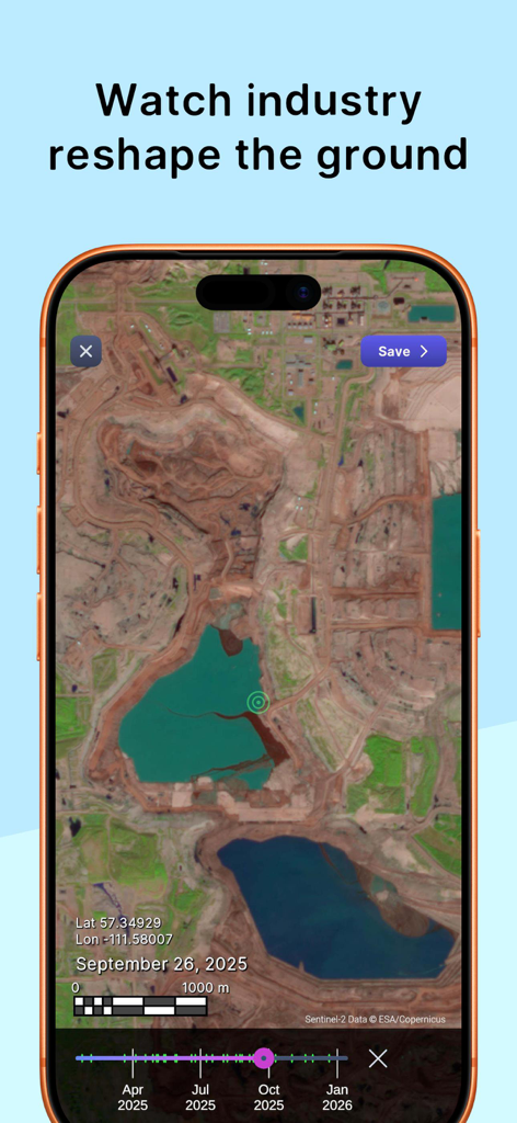 Timelapse Map:Purple Satellite - Vista satellitare di un sito minerario con un cursore timelapse che mostra l'espansione industriale
