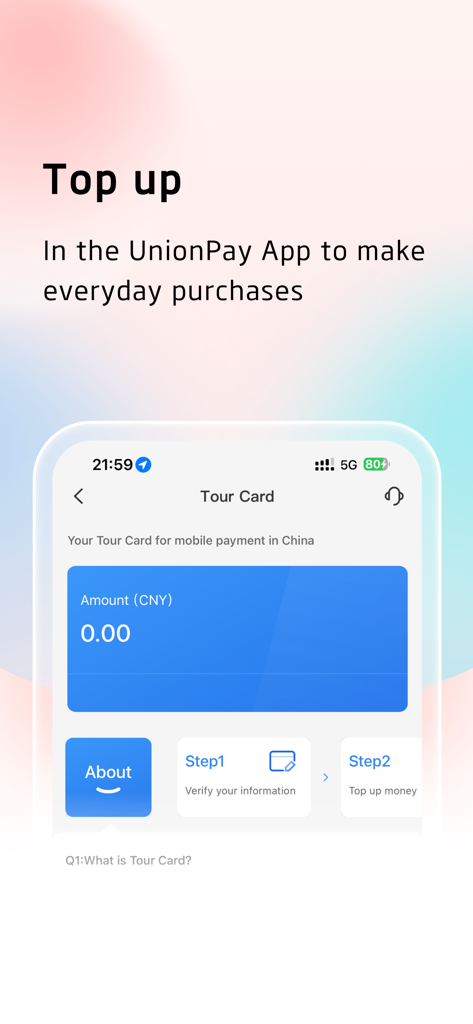 UnionPayアプリのTour Cardインターフェース。中国でのモバイル決済のためのチャージオプションと手順を示しています。