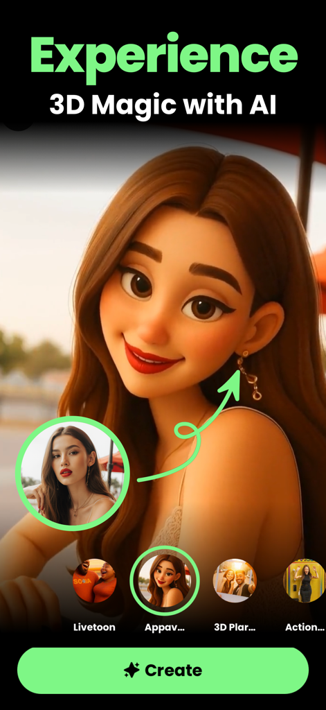 Una pantalla de móvil mostrando la transformación de una foto real en un personaje de dibujos animados IA en 3D