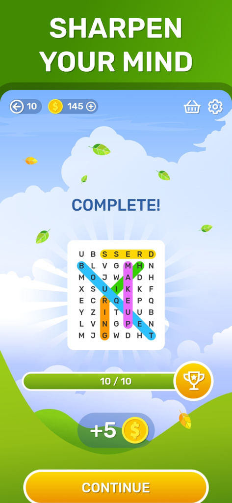 Word Search: Crossword Puzzle. - Pantalla del juego de sopa de letras que muestra un nivel completado con palabras resaltadas y un mensaje de entrenamiento cerebral.