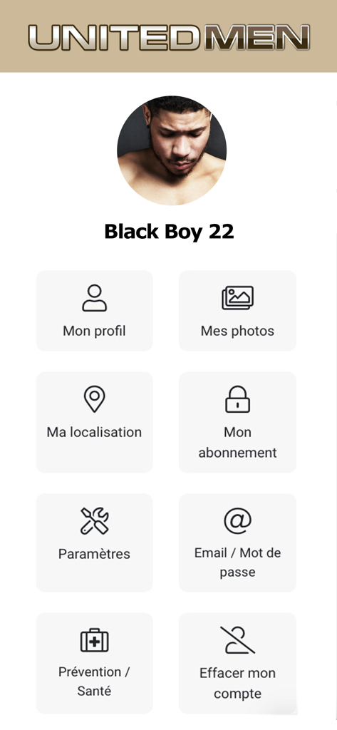 User profile and settings menu in the UnitedMen gay dating app