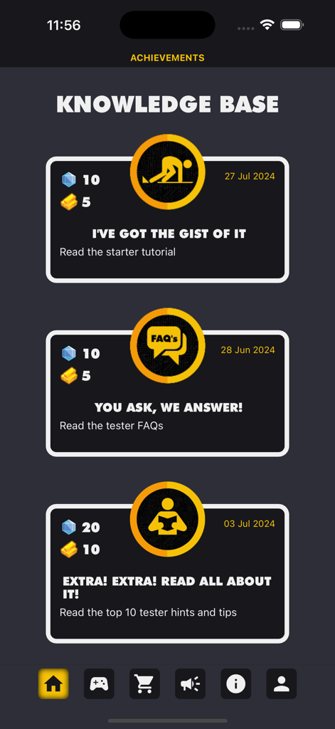 Game Tester App - La schermata dei successi dell'app Game Tester che mostra i premi per il completamento di attività nella knowledge base come la lettura di tutorial e FAQ.