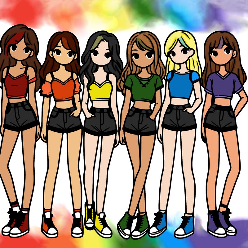 a group of girls wearing crop tops and shorts