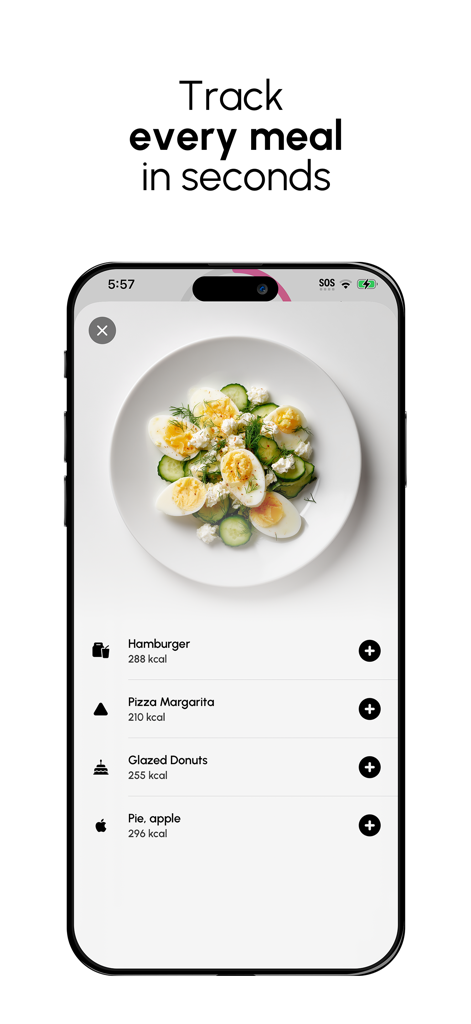 Calofit - AI Food Tracker - Calofit mobile app interface showing a plate of food and a list of tracked items with calorie counts