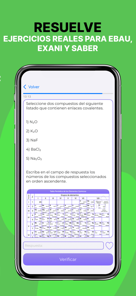Química: teoría y ejercicios - 化学モバイルアプリの画面。共有結合に関する練習問題とスペイン語の周期表が表示されています