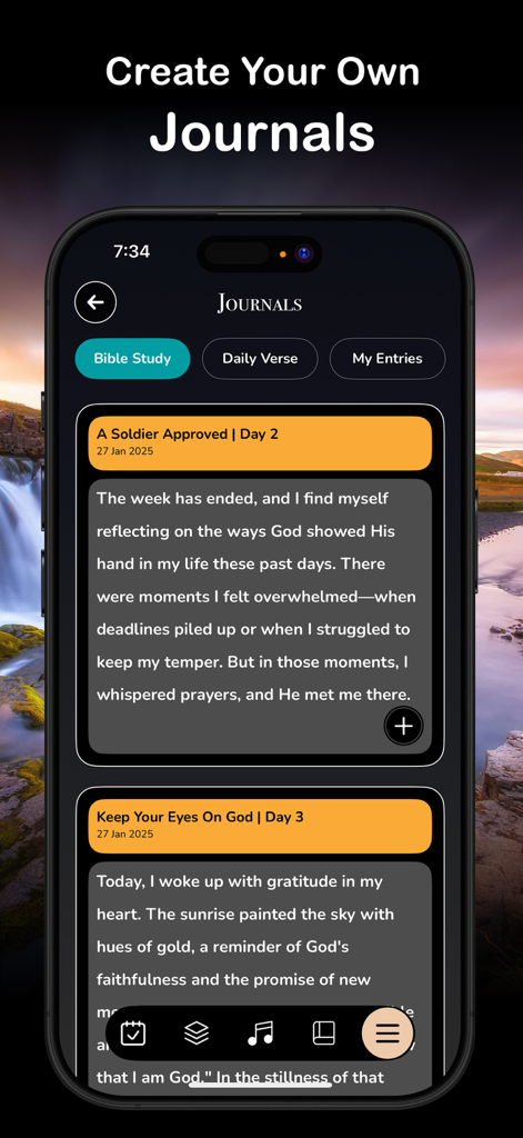 Une interface d'application mobile intitulée Journaux montrant des entrées d'étude biblique personnelles et des réflexions pour hommes.