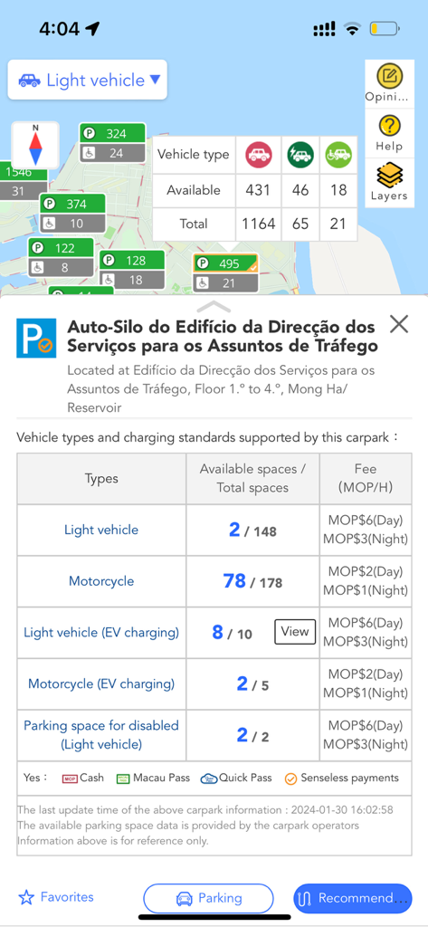 Real-time parking availability and pricing map in the Macao Smart Go mobile application