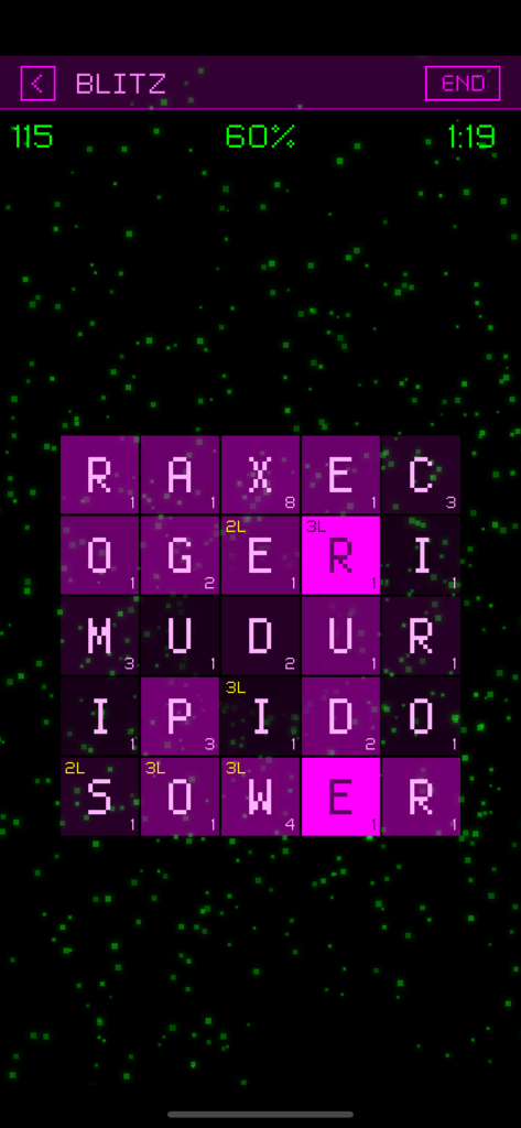 Gameplay screenshot of Lexicon Delta Premium showing a purple 5x5 letter grid in Blitz mode