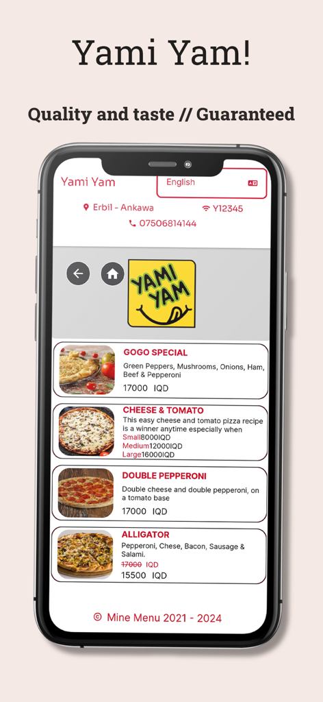 Yami Yam - Mobile application interface for Yami Yam restaurant displaying a variety of pizzas with descriptions and pricing