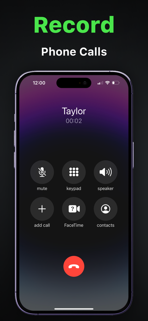 Call Recorder: Phone Audio Rec - Pantalla del iPhone mostrando una llamada telefónica activa siendo grabada con botones de gestión de llamadas