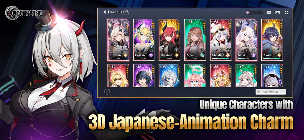 OUTERPLANE - Strategy Anime - Hero List menu in OUTERPLANE showcasing diverse 3D anime characters