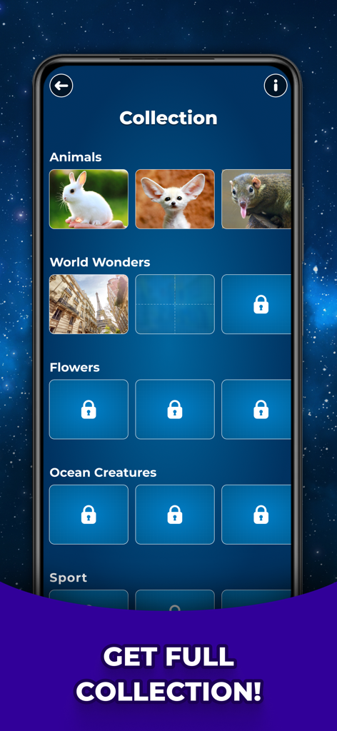 Triviascapes: Quiz & IQ test - El menú de colección de la aplicación Triviascapes que muestra categorías de animales, maravillas del mundo y flores con imágenes desbloqueadas.