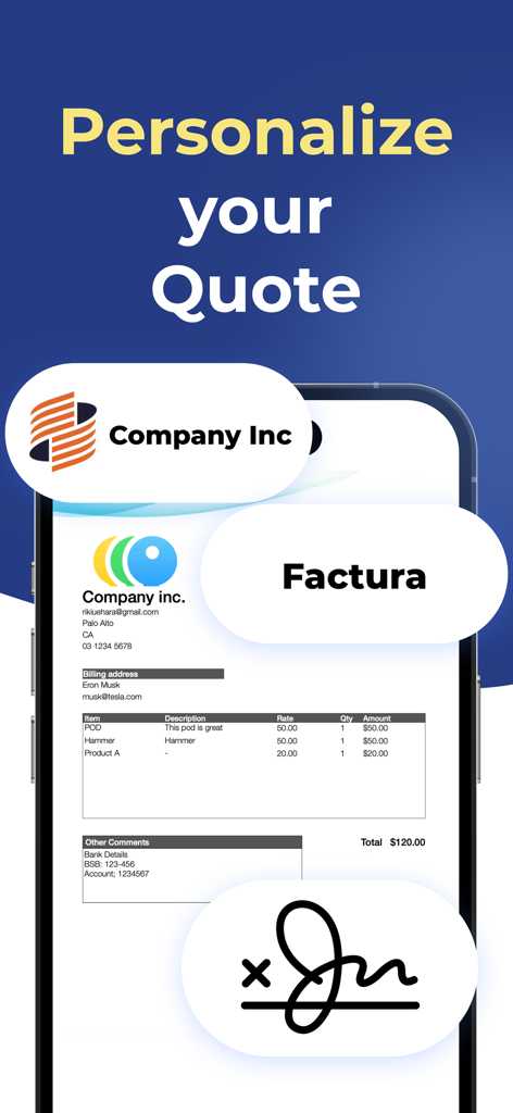 Bildschirm einer mobilen App, der zeigt, wie professionelle Geschäftsan-gebote mit Firmenlogos und digitalen Unterschriften personalisiert werden können.