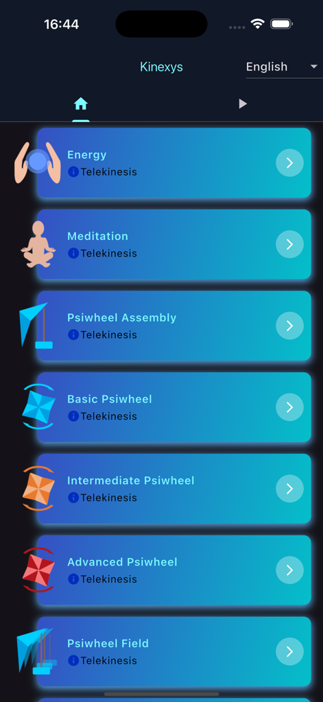 Main menu of the Kinexys app showing various training modules for telekinesis including meditation and psiwheel exercises