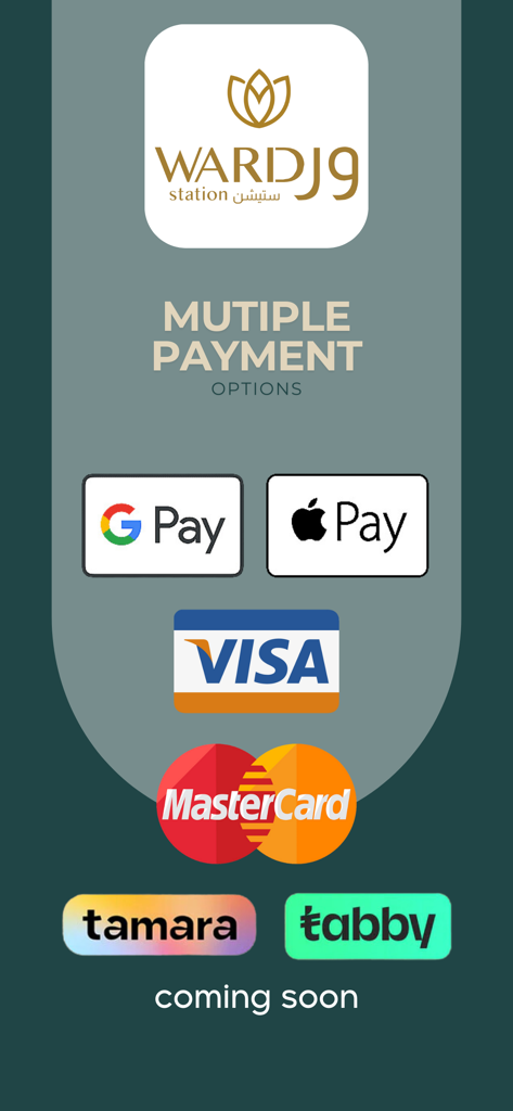 Ward Station - ورد ستيشن - Ward Stationアプリの支払い画面。Google Pay、Apple Pay、Visa、MasterCardなどの複数の支払いオプションが表示されています。