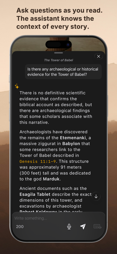 Interface de l'application Bible AI montrant un assistant de chat interactif fournissant le contexte historique de l'histoire de la Tour de Babel.