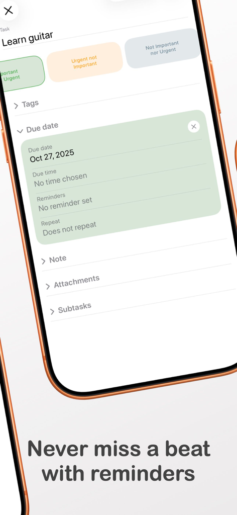 4.Do - Task, To do, Goal list - Una vista detallada de una tarea en la aplicación 4.Do que muestra la fecha de vencimiento y la configuración de recordatorios.