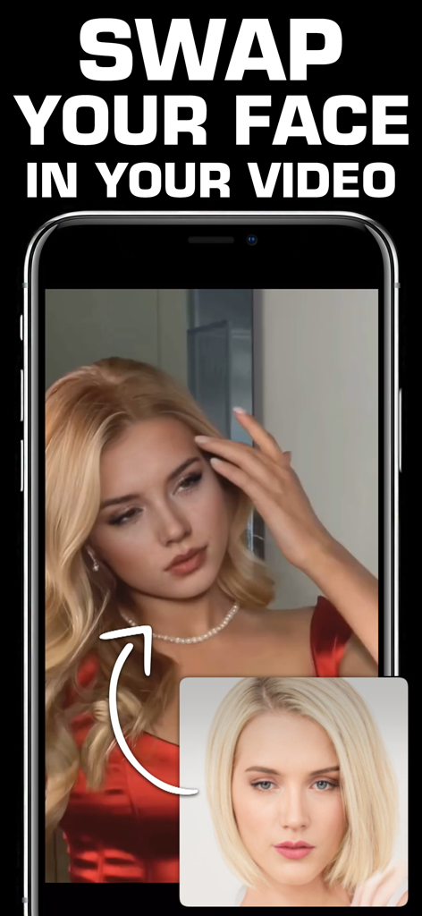 Face Swap A.I. - Un smartphone mostrando la interfaz de la app Face Swap AI para cambiar caras en vídeos.