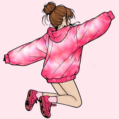 realistic girl jumping with a bun and oversized sweatshirt