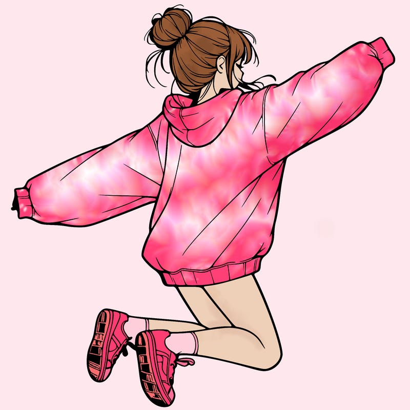 realistic girl jumping with a bun and oversized sweatshirt