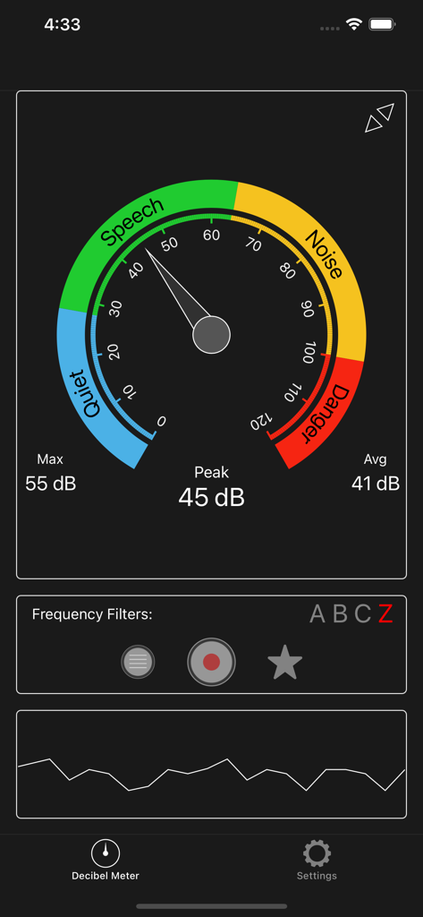 Decibel Meter dB (Sound Meter) - Decibel meter app interface displaying sound volume levels and noise categories on a gauge