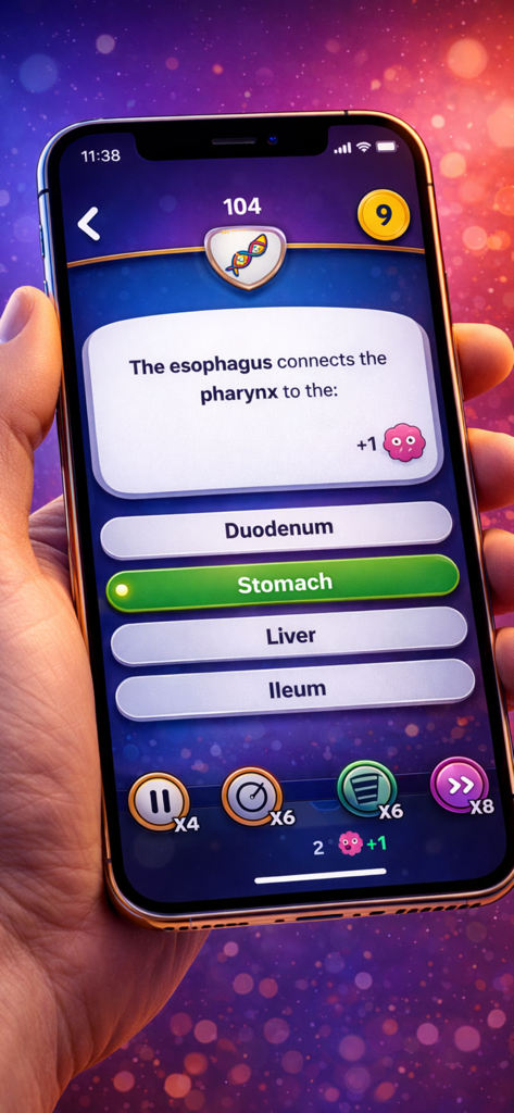 Trivia Quiz: General Knowledge - A hand holding an iPhone showing a science category trivia question about the esophagus with the correct answer stomach highlighted in green.