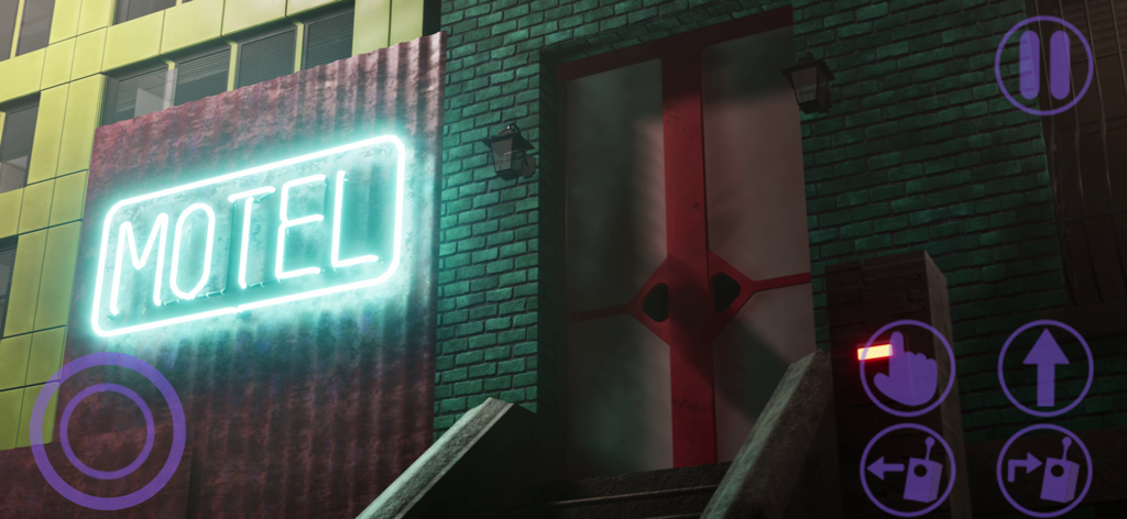 Gameplay screenshot of Garten of Banban 7 featuring a glowing blue motel neon sign next to a red door in a dark environment.