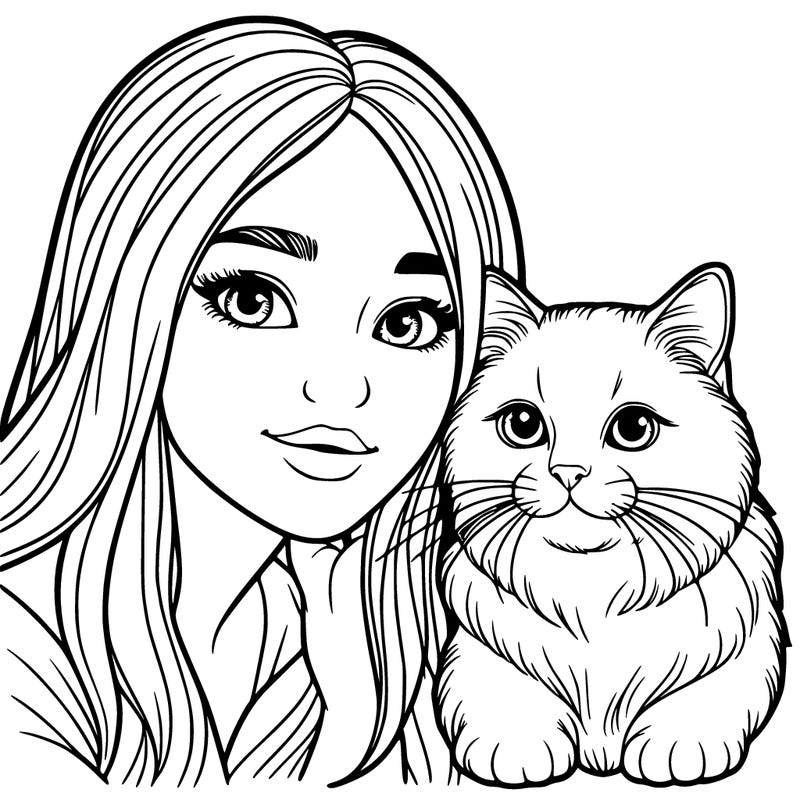 realistic girl and a cat