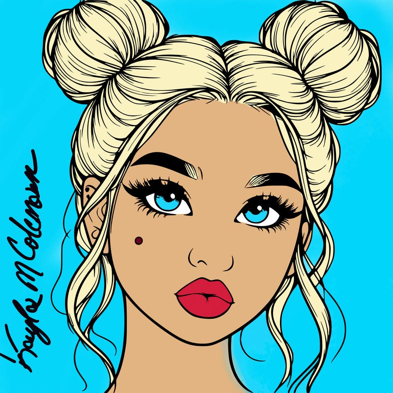realistic girl with two buns on her hair and lips