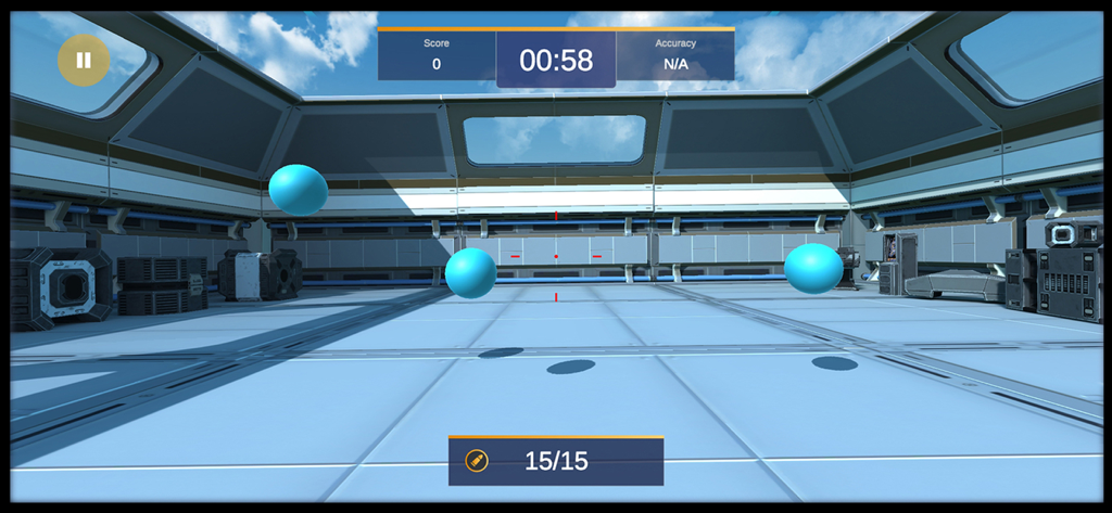 Shooting Lab Mobile - A 3D virtual shooting range with blue target spheres and a digital display showing time and score in Shooting Lab Mobile