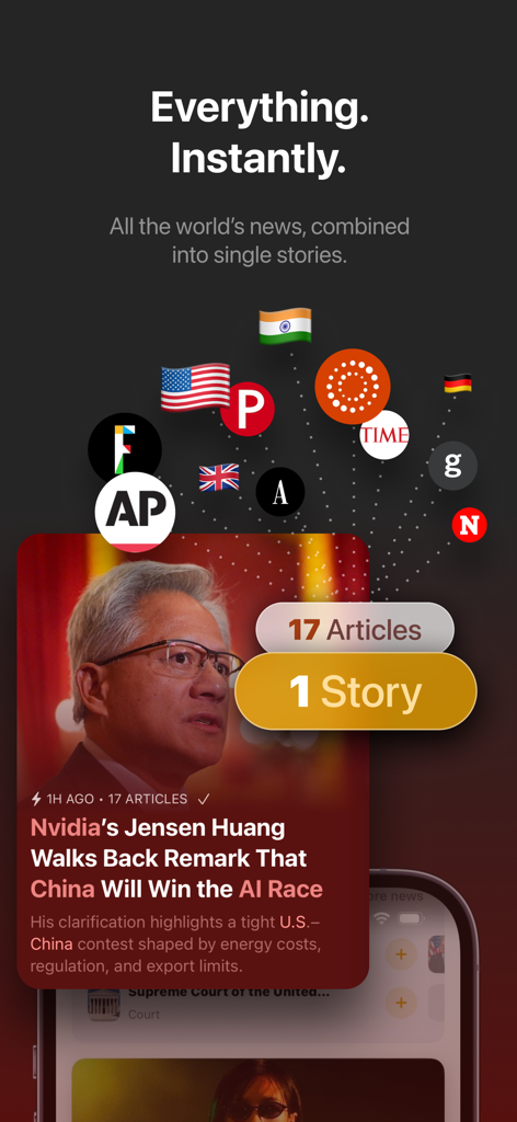 Particle app interface showing 17 news articles from various global sources condensed into a single story about Nvidia