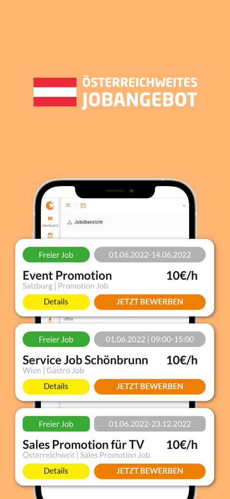 easystaff App - Mobile app interface displaying available gig economy jobs in Austria like promotion and service roles with hourly rates